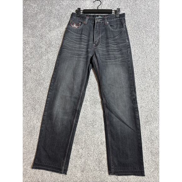 Jinzu Jeans Boys Sz 14 Edgy Grunge Biker Embroidered Tattoo Streetwear Y2K Look - Picture 1 of 9